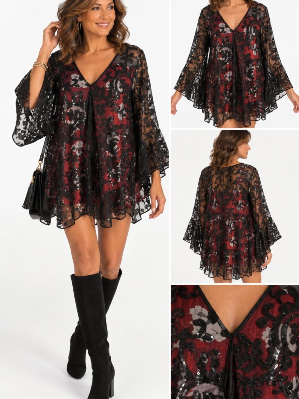 Free People Sz S/P Black Floral Sequin Mesh Tunic Mini Dress Boho Whimsygoth